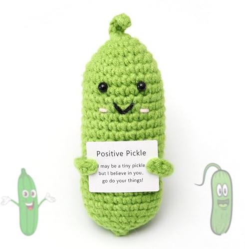 Emotional Support Positive Pickle Funny Gift for Her Him Cute Pocket Hug Worry Doll with Positive Cards Weird Good Luck Cute Romantic Mini Knitted Crochet Fun Stress Relief Plush Fidget Toy for Women
