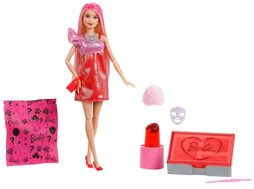Barbie Party Unboxed Puppe und Accessoires, Glam Party Serie mit 10 Überraschungen, darunter eine rote glitzernde Puppe mit Farbwechseleffekt, JFY68
