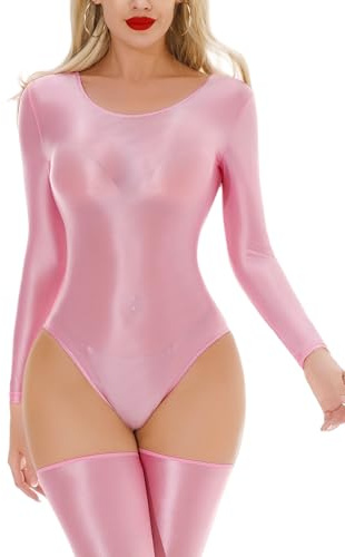 Panegy Damen Glänzender Metallic-Body mit langen Ärmeln, Ölglanz, Einteiler, Gymnastik- und Tanzanzug