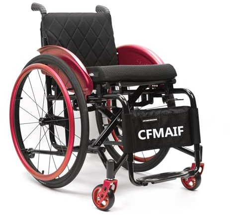 CFMAIF Rollstuhl Faltbar Leicht Aluminium, Faltrollstuhl, Für Behinderte, Tragbarer Rollstuhl mit Selbstantrieb, Reiserollstuhl(38cm/14.9in seat,Red)