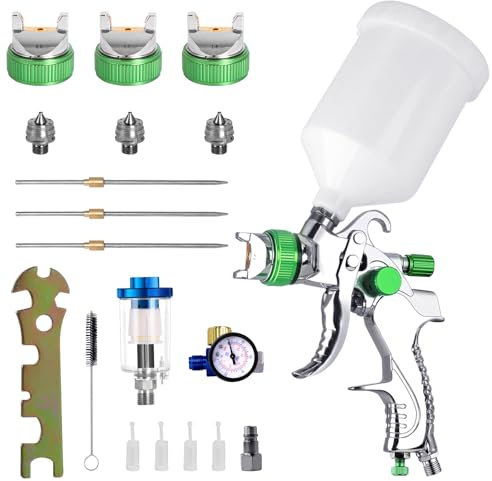 HVLP Air Spray Gun with 600ml Cup, 1.4/1.7/2.0mm Nozzles Paint Sprayer, Automotive Spray Gun With Air Pressure Regulator and Filter for Cars & House DIY Painting (Green)