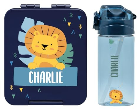 gutmarkiert Trinkflasche-Brotdose-Set personalisiert - Motiv Dunkelblau | Kindertrinkflasche mit Strohhalm und Lunchbox mit Namen - BPA-frei - 450ml - für Jungen und Mädchen - spülmaschinenfest