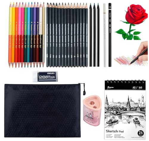 Kingmyth Drawing Pencils, Art Supplies with Sketch, Oil Colored, Charcoal and 7 in 1 Rainbow Pencils for Drawing and Sketching,Sketch Book and Zipper Bag for Artists or Beginners