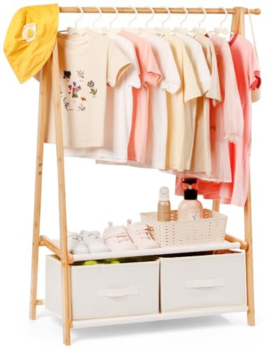 Relquorax Appendiabiti in bambù per bambini, con 2 contenitori e 2 ripiani, asta appendiabiti e ripiano, per cameretta dei bambini, per bambini, colore naturale (colore naturale)