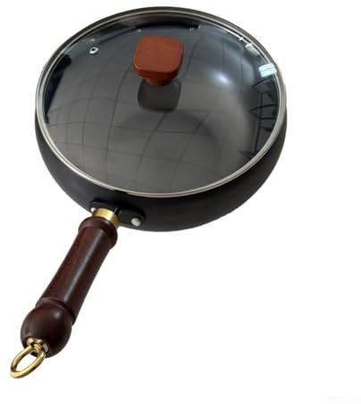 EpheyFIF Padella in ferro non rivestita con coperchio in legno (26,5 x 13,5 x 27,5 cm), design a pancia grande non rivestita per una cucina sana, per padelle tradizionali in ghisa con ritenzione del