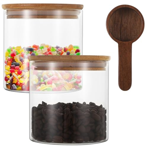 yeeplant Juego de 2 tarros grandes de vidrio (22 onzas) con tapas herméticas de madera y cucharas, botes de cocina para café, té, especias