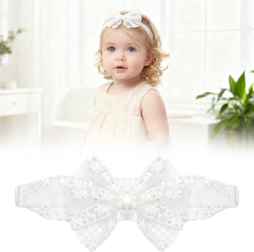 TNSLAND Diadema Bebé Niña Blanca Encaje, Cinta Pelo Elástica con Doble Lazo Elegante, Suave e Hipoalergénica, Accesorio Bautizo, Baby Shower, Fotos Recién Nacido, Regalo Nacimiento Chic