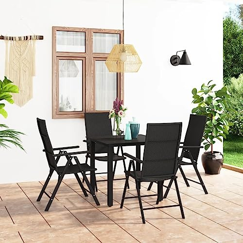 5 pezzi Gruppo da giardino in rattan PE nero con struttura in alluminio, sedie regolabili e tavolo in vetro per patio, balcone e terrazza, durevole e resistente alle intemperie
