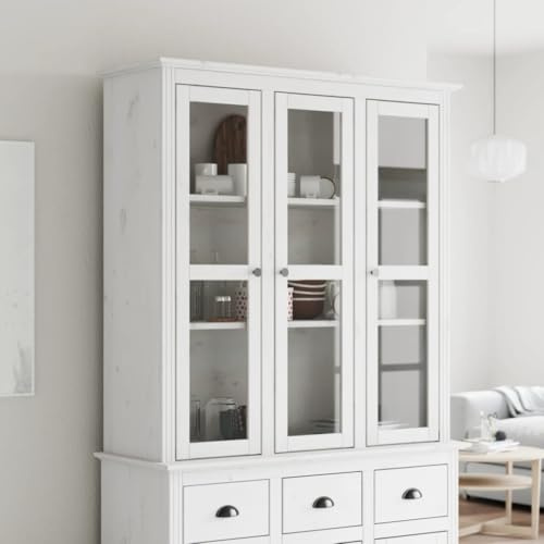 Qnhdfrt Vitrinenschrank BODO 115x38x118 cm Weiß Massivholz Kiefer mit 3 Glastüren & Metallgriffen Französischer Landhausstil Wohnzimmer Aufsatz für Sideboard Küche Flur Esszimmer