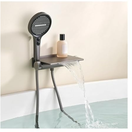 GLYYR Badewannenarmatur mit Handbrause, Wasserfall Wannenarmatur Grau Mischbatterie Badewanne Messing Aufputz Armatur Wasserhahn Badewanne Wandmontage Modern