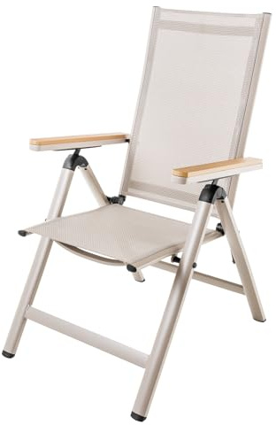 Gartenstuhl DESIGNO - 59cm - taupe - Stoff-Bezug Aluminium klappbar | Montiert geliefert, Armlehne, Outdoor-geeignet, hoher Komfort, pflegeleicht, langlebig, stabil, Stauraum, wetterfest
