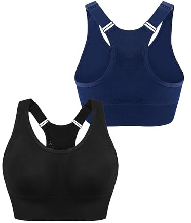 Litherday 2 Pack High Support Sports Bra Women Racer Back Breathable Ladies Sports Bras Shock Absorber Removable Padding Yoga Gym Workout Running Crop Top Black+Dark Blue S