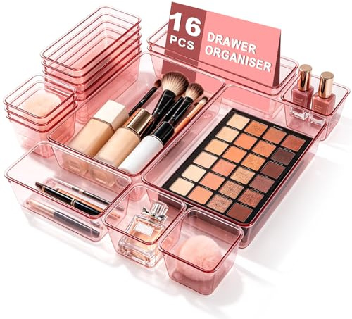 XRXYMQ 16Stück Schubladen Organizer 4 Größen Schubladen Ordnungssystem Rosa | Kunststoff, Stapelbarer, Schminktisch Organizer, Rosa, Makeup, Frisiertisch, Schubladeneinsätze, Kosmetik Zubehör