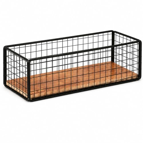 Raoletin Metal Wall Basket Storage Organiser with Wooden Base, Black Storage Basket Bin for Desk Countertop, Wire Baskets for Kitchen Cabinets Pantry Garage Laundry Room and Bathroom Detachable