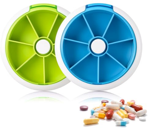 2 st. tablettlåda 7 dagar liten på resan, pillerask 7 dagar rund, pillerask rund, medicinlåda liten, tablettburk för resor tabletter vitaminer fiskolja veckolåda (grön, blå)