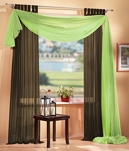 Gardinen Set, 2 x Schlaufenschal Voile, transparent, 245x140, Braun, 1 x Voile Querbehang, Freihanddeko, 140x600, Apfelgrün, 61000560