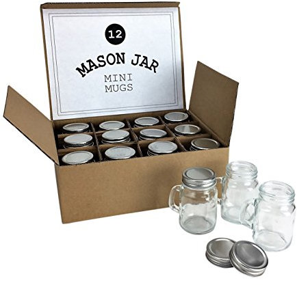 Mini Mason Jar 4 Ounce Mugs (Not Full Size) - Set of 12 Miniature Glasses With Handles And Leak-Proof Lids - Great For Gifts, Drinks, Favors, Candles And Crafts