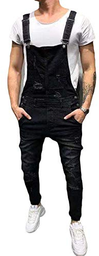 Homme Salopette Jeans Serré Denim Trou Bike Skinny Cargo Slim Déchiré Pantalon pour Printemps Automne Noir S