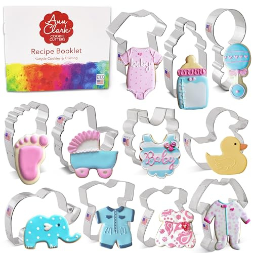 Ausstechformen von Ann Clark USA - Keksausstecher für Babyparty, 11-Teiliges Set, Strampler, Lätzchen, Rassel, Flasche, Kinderwagen