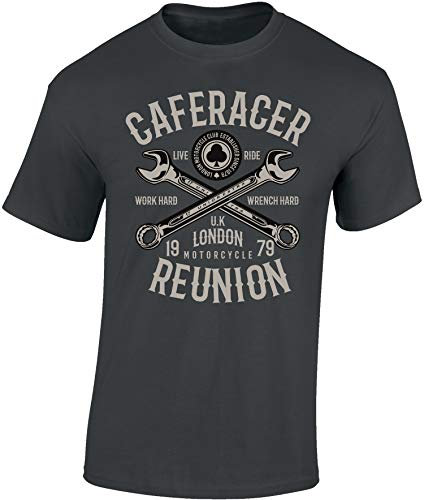 Baddery Biker T-Shirt Herren : Cafe Racer Reunion - Motorrad Geschenke für Männer Tshirt - Motorradfahrer T Shirt - Motorradbekleidung Zubehör (Dark Grey L)