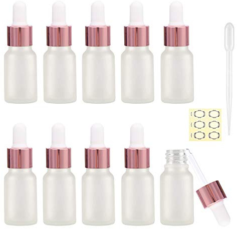 Alledomain 10Pcs, 10ml Frosted Glass Bottles with Dropper Pipettes, Mini Empty Dropper Bottles RoseGold Metal Cap Refillable Sample Container for Essential Oil/Aromatherapy Blends/Chemical Liquid