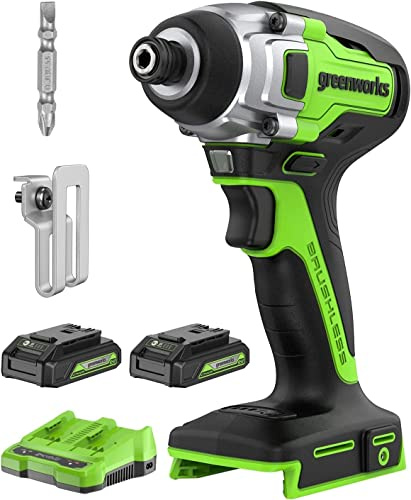 Greenworks Kit de destornillador de impacto inalámbrico sin escobillas de 24 V, 2650 pulgadas/libras de par hexagonal de 1/4 pulgadas, juego de taladro/destornillador de impacto de velocidad variable