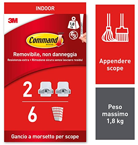 Command Broom Gripper, 2 Broom Holders and 6 Adhesive Strips - Suitable for Storing Brooms and Mops - Damage Free Hanging (Packaging may vary)