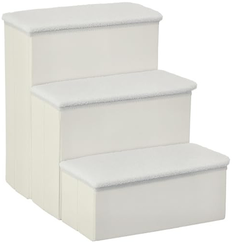 PawHut Escalera para Mascotas de 3 Peldaños Plegable con Tapas Abatibles y Espacio de Almacenamiento 3 Escalones de Perros Gatos Pequeños de Vellón Bereber para Cama Sofá 40x54x48 cm Blanco