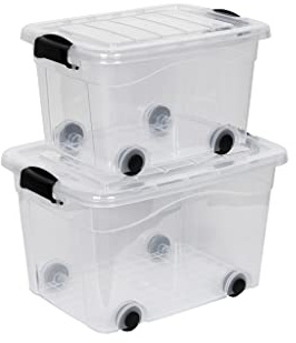 Kreher 2 Stück Rollboxen Set 20 und 40 Liter Volumen mit Deckel. In Transparenter Ausführung aus robustem Kunststoff.