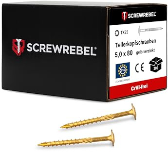 SCREW REBEL® Tellerkopfschrauben 5x80mm – [200 Stück], – Kraftsparend dank Reibteil & Cut-Spitze – selbstschneidend, TX25 Antrieb – Holzbauschrauben mit ETA-Zulassung – CrVI-frei & korrosionsbeständig