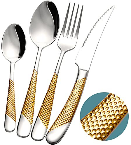 Xideman® Juego de cubiertos martillados Plata-Oro modernos de 24 piezas con cuchillo dentado 2 en 1 ultra afilado, set de cubiertos acero inoxidable 18/10, cuberterias completas dorados 6 personas