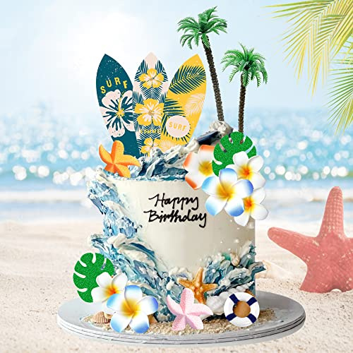 Décoration de gâteau d'anniversaire avec motif palmier, chaise parapluie pour natation, fête sur la plage, fête Luau, fête prénatale, fournitures de fête (planche de surf)