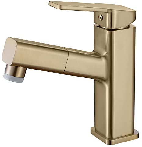 CAZARU Badarmatur mit ausziehbarer Brause, Waschbeckenarmatur, Waschtischmischbatterie, Messing-Waschtischarmatur, heißes und kaltes Wasser, verstellbar, gebürstetes Gold