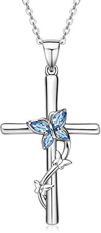 AINUOSHI Collier Femme Argent 925 Dames Marquise Coupe Bleue Zirconium Cubique Papillon Croix Collier Pour Elle Femmes Maman Amie Anniversaire Cadeau Fête Des Mères Saint Valentin
