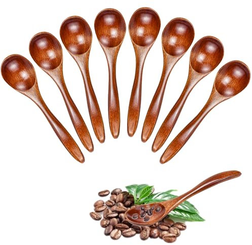 LPAMABA Lot de 8 cuillères en bois naturel de 13 x 3 cm, petites cuillères à thé, cuillères à soupe, cuillères en bois pour café, miel, chocolat chaud, accessoires de cuisine (8)