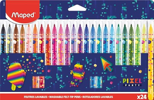 Maped - 24 Filzstifte Pixel Party – Filzstifte zum Zeichnen von Kindern – waschbar mit mittlerer Spitze blockiert