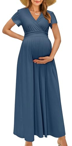 OUGES Damen Maxi Umstandskleider Lang Sommer Stillkleid V-Ausschnitt Kleider für Schwangere Lässiges Umstandsmode-M