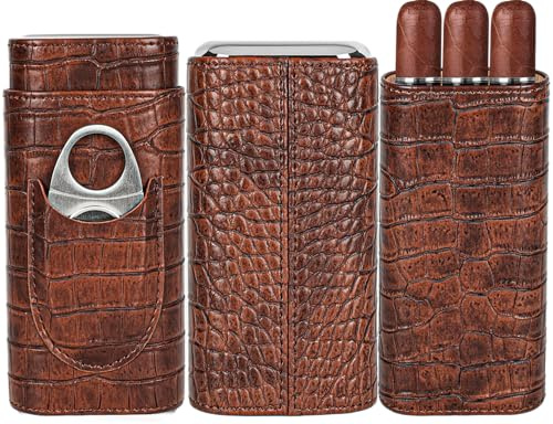 Tragbare Zigarrenhumidor-Box mit Zedernholzfutter und Zigarrenschneider elegante Zigarrenbox Zigarrenzubehör hochwertiges braunes Leder mit Krokodil-Textur, perfekt für Zigarrenliebhaber