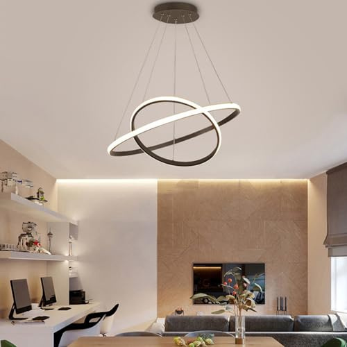 Mengjay Moderne LED Lustre Table À Manger 2 Anneaux Trois Températures de Couleur Dimmable Suspension Lampe Salon Plafond Chambre Hauteur Compréhensible, 40+20CM (Noir)