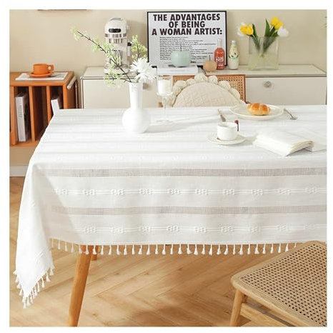 BCughia Tischdecke 140x180CM Weiß, Tischdecke Fleckschutz Rechteckig Polyester Streifen mit Quasten Tischtuch für Indoor, Outdoor, Essen, Küche