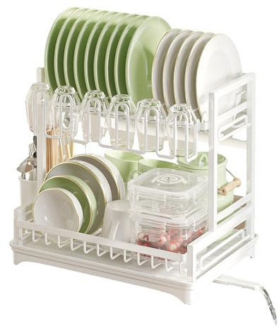 Neo 2 Tier Large Dish Drying Rack with Drip Tray Detachable Drainage Spout Cutting-Board Cup Holder Organise Shelf Utensil Holder Set (White)