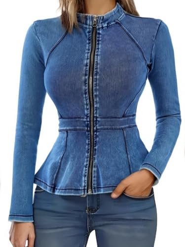 Lynroxia Casual Denim Peplum Jacket for Women Long Sleeve Zip Front Athletic Workout Ruffle Blazer Coats Mid Blue S