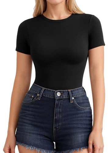 ALGALAROUND Women Short Sleeve Crew Neck Fitted Summer UK Tops Black