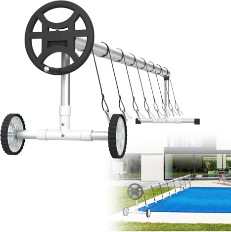 LZQ Pool Aufroller Mobiles Poolfolienaufroller Aufrollvorrichtung Aluminium + Edelstahl Aufrollsystem inkl. 8 Befestigungsbänder für Solarplane & Poolplane | 3m - 5,70m Verstellbar