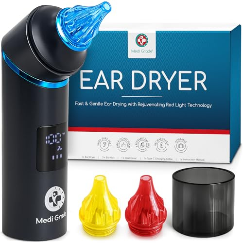 Medi Grade Portable Ear Dryer - Warm Air Ear Drying Device with Soothing Red Light, Adjustable Temperature and Airflow - Rechargeable Ear Dryer USB-C, Reusable Tips - Use After Swimming or Shower