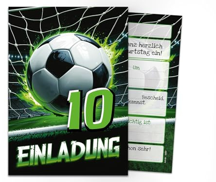 Junaversum 12 Einladungskarten zum 10. Kindergeburtstag Fußball Fussball Jungen Kinder coole bunte Einladungen zehnte Geburtstag Geburtstagseinladungen Kids