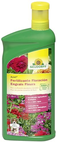 Neudorff Azet Fertilizante Floración – Abono líquido 100% vegano que estimula una floración abundante en geranios y otras flores, 1 Liter