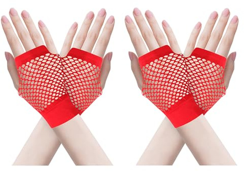 ZTVOWTO 2 Paar Fingerlose Netzhandschuhe, 80er 90er Fischnetz Handschuhe für Halloween, Weihnachten, Kostümpartys und Cosplay Zubehör(Rot)
