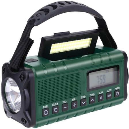 Radio de Emergencia con Linterna LED y lampara de Lectura con Carga Solar, por USB o a manivela Tipo Dinamo | Radio Am/FM | Banco de Energía Power Bank de 10,000 mAh para Carga de moviles (Verde)