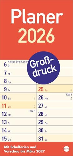 Planer Großdruck - Kalender 2026 - Heye-Verlag - Kalender mit extragroßer Schrift und mit 2 Spalten zum Eintragen - 21 cm x 45 cm